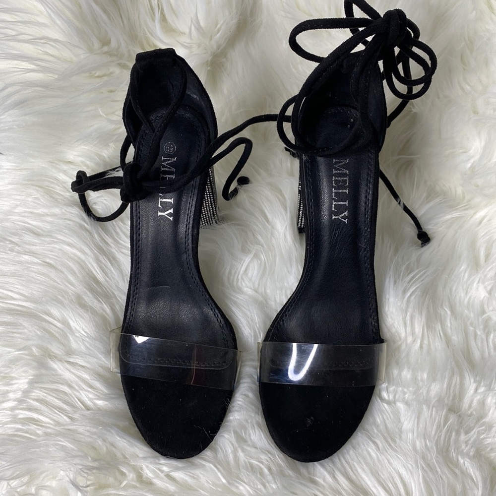 Melly Black Statement Block  Heels w/ Full Leg Straps Size 6.5
